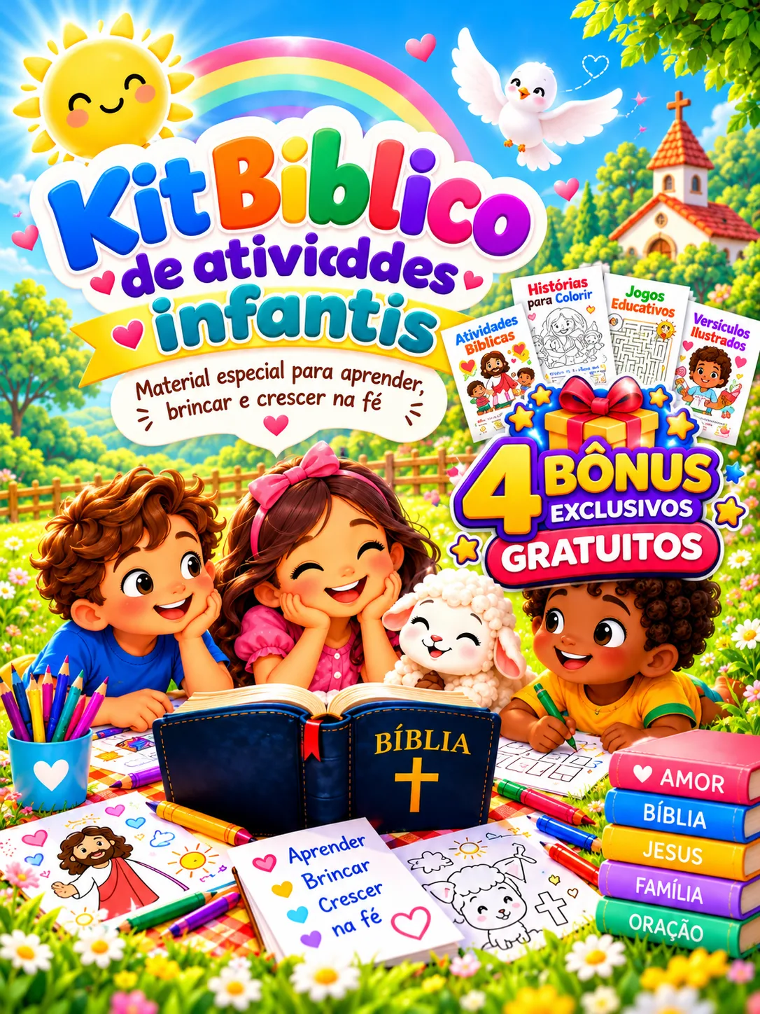 Crianças usando o Kit Bíblico de Atividades Infantis